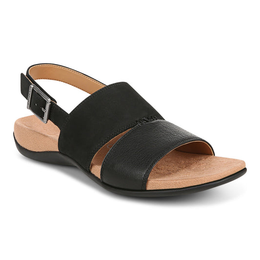 Black leather sandals with slingback strap and buckle.