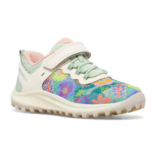 Toddler's running shoe with a light sole and multi-colored floral pattern with a velcro strap.