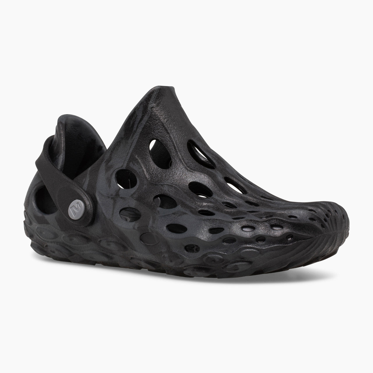 Black, molded-foam clog with many holes, plus a pivoting heel strap.