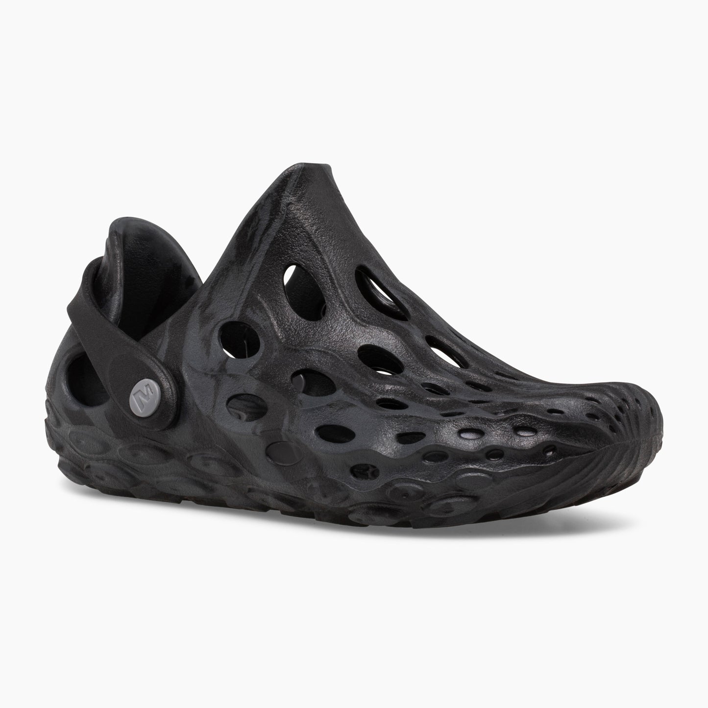 Black, molded-foam clog with many holes, plus a pivoting heel strap.