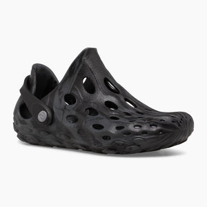 Black, molded-foam clog with many holes, plus a pivoting heel strap.