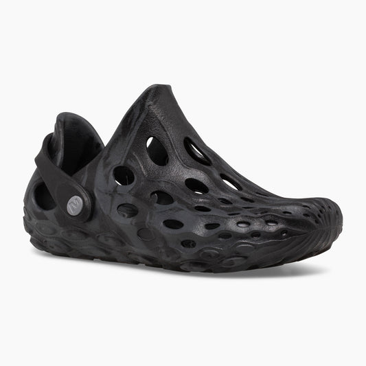 Black, molded-foam clog with many holes, plus a pivoting heel strap.
