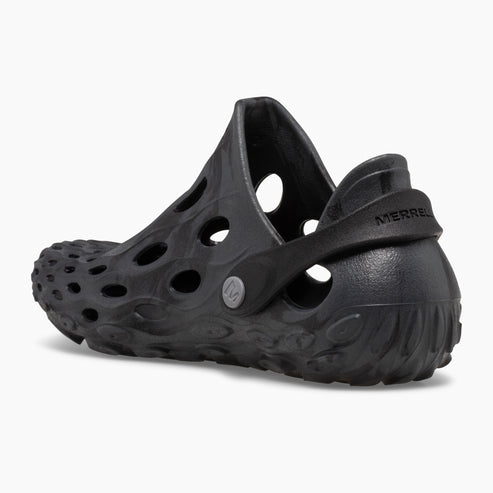 Black textured slip-on shoe with heel strap and multiple holes.