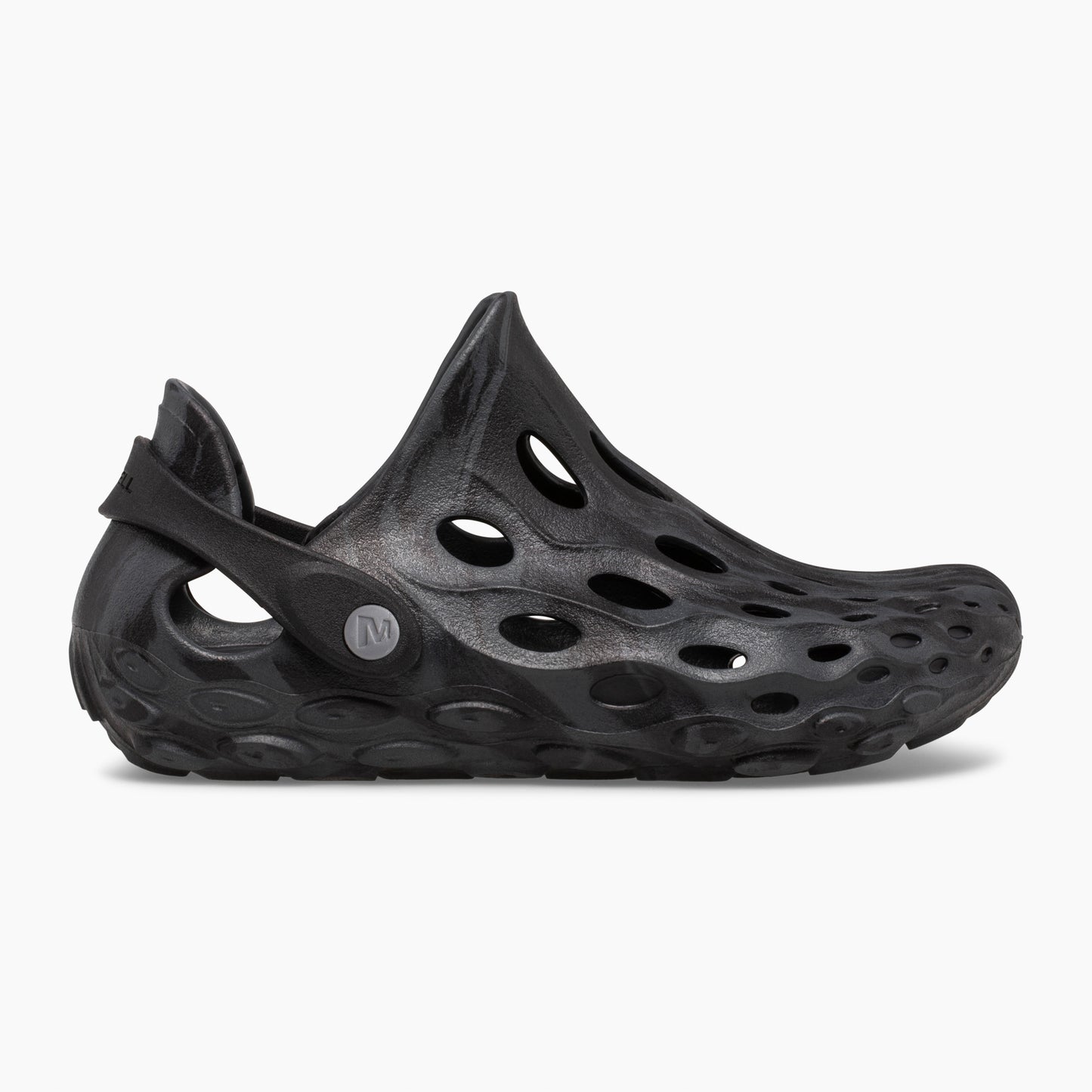 Black, perforated foam clog with adjustable heel strap and lug sole.