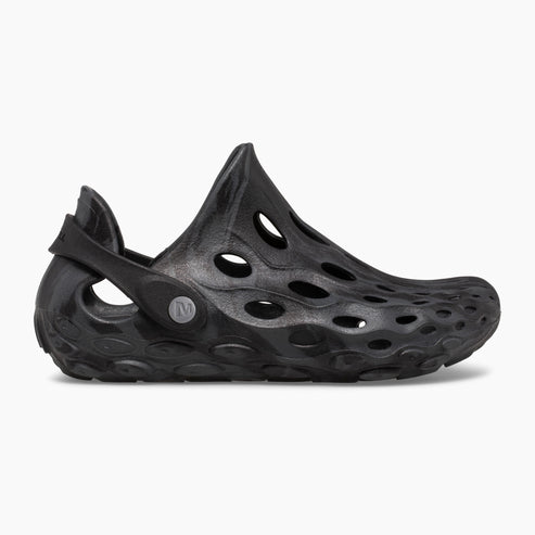 Black, perforated foam clog with adjustable heel strap and lug sole.