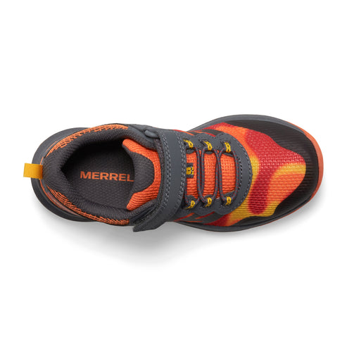 Overhead view of a low-profile kids' sneaker featuring a dark grey vamp and orange mesh sides with orange laces. A hook and loop strap is on the side. The heel says, "MERRELL".