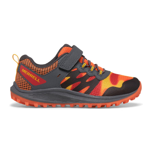 Orange and black kids' trail running shoe with gray velcro strap and the word MERRELL in red.