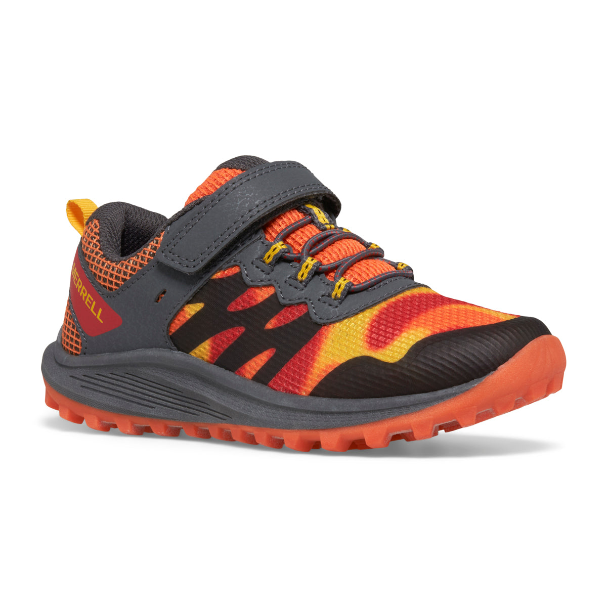 A child's athletic shoe with an orange and red gradient mesh upper with black accents, a gray sole, a gray velcro strap, and orange laces.