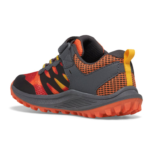 A side view of a red, orange, and black child's trail runner sneaker with dark grey synthetic reinforcements and a dark grey sole with an orange tread.