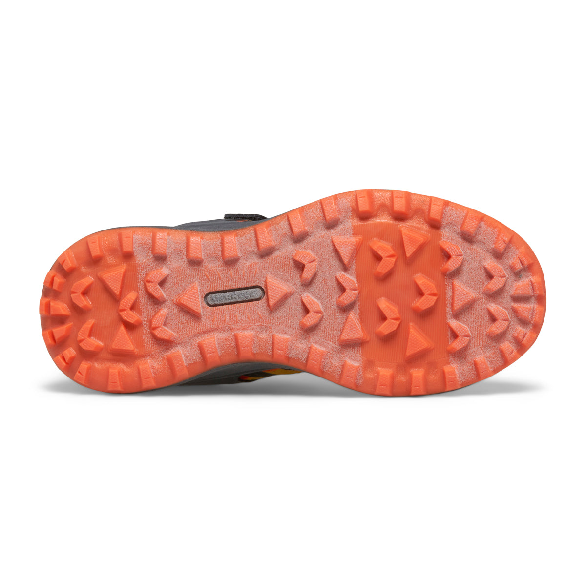 Bottom view of a grey shoe with an orange ridged sole.