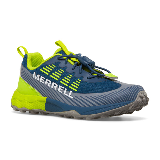 Blue and chartreuse colored trail running shoe with grey sole and Merrell logo.