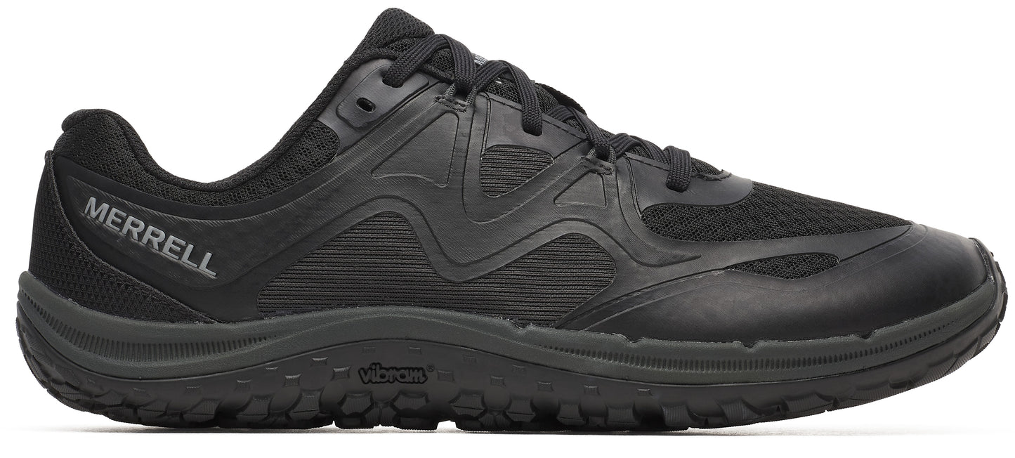 A black athletic shoe, with visible 'MERRELL' text.