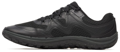 Black running shoe with mesh upper and rugged sole.