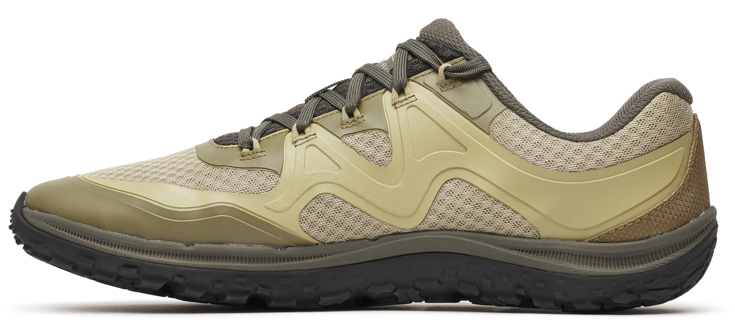 Olive green athletic shoe with laces.