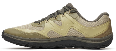 Olive green athletic shoe with laces.