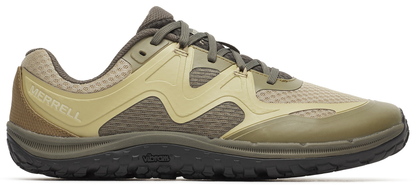A Merrell running shoe featuring a green upper and a black sole.