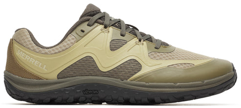 A Merrell running shoe featuring a green upper and a black sole.
