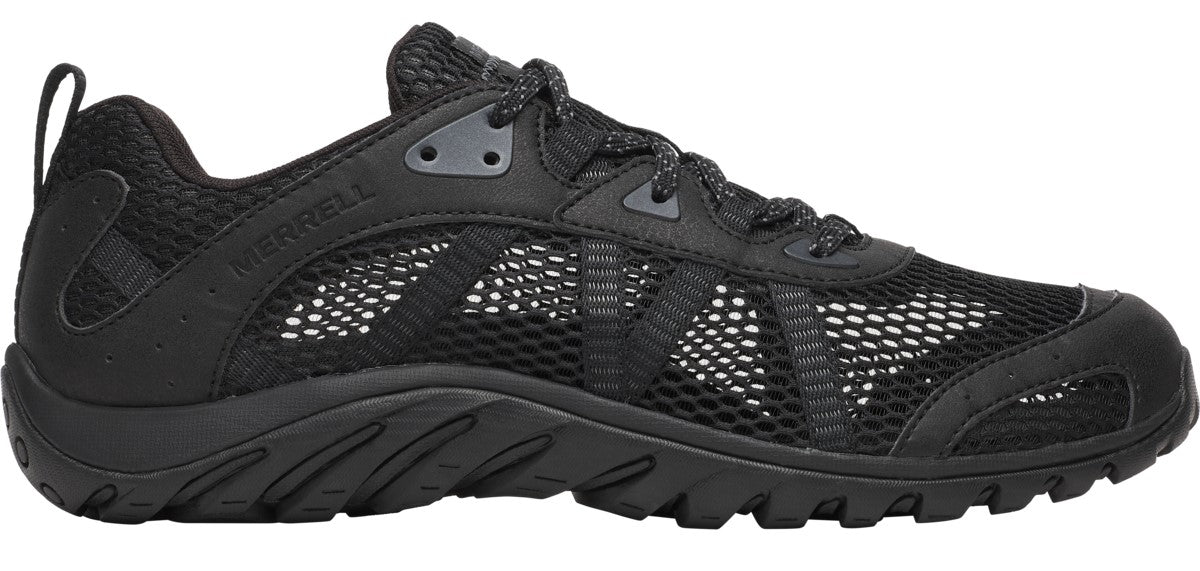 A black mesh athletic shoe.
