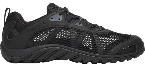 A black mesh athletic shoe.