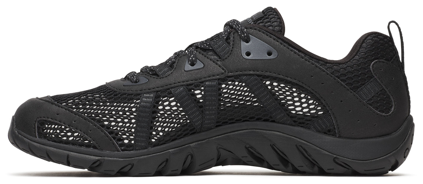 A black athletic shoe with a mesh upper and a rugged sole.