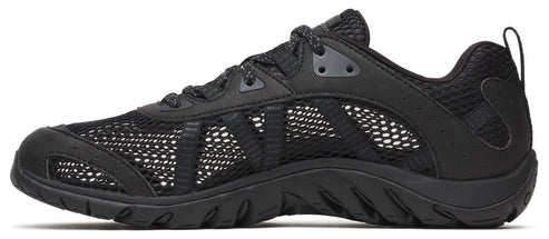 A black athletic shoe with a mesh upper and a rugged sole.