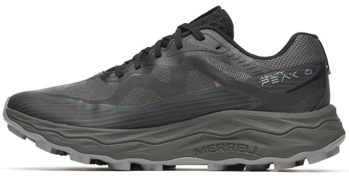 A black trail running shoe with a thick, gray textured sole.