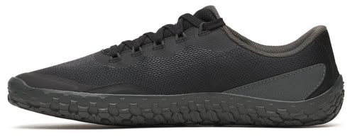 A black sneaker with a textured sole.