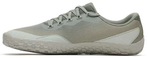 Olive-green running shoe with honeycomb sole, lace-up closure, and mesh upper.