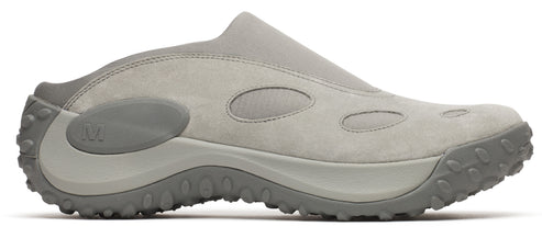 A light gray slip-on shoe with a thick sole and oval accents.