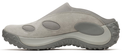 A light gray slip-on shoe with a thick, treaded sole and oval cutouts on the side.