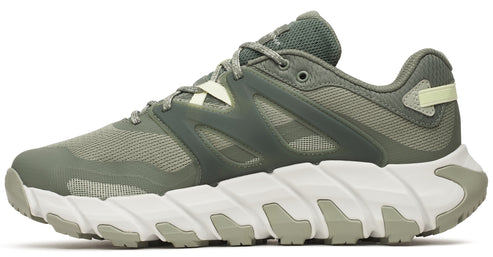 Olive green athletic shoe with white zig-zag sole.