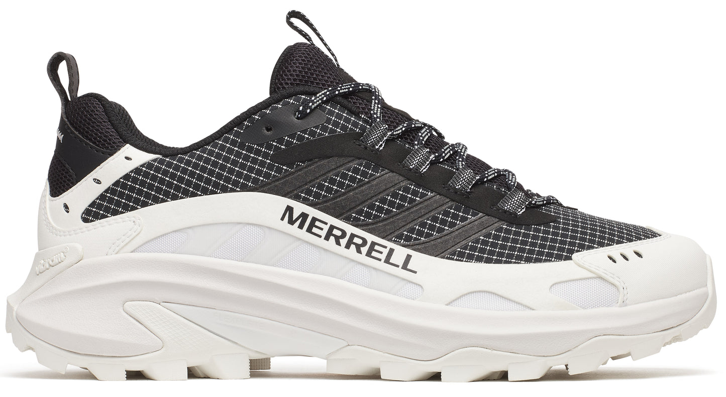 A low-top sneaker with a black and white checkered design on the upper, a white midsole, and the word "MERRELL" printed on the side.