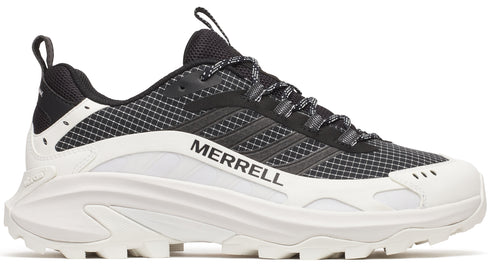 A low-top sneaker with a black and white checkered design on the upper, a white midsole, and the word "MERRELL" printed on the side.