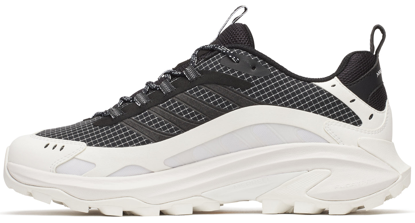 A black and white athletic shoe with a white sole.