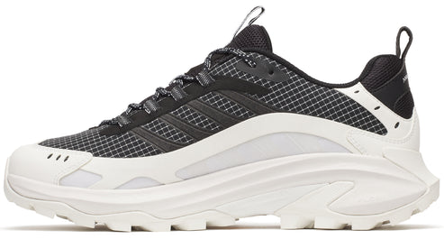 A black and white athletic shoe with a white sole.