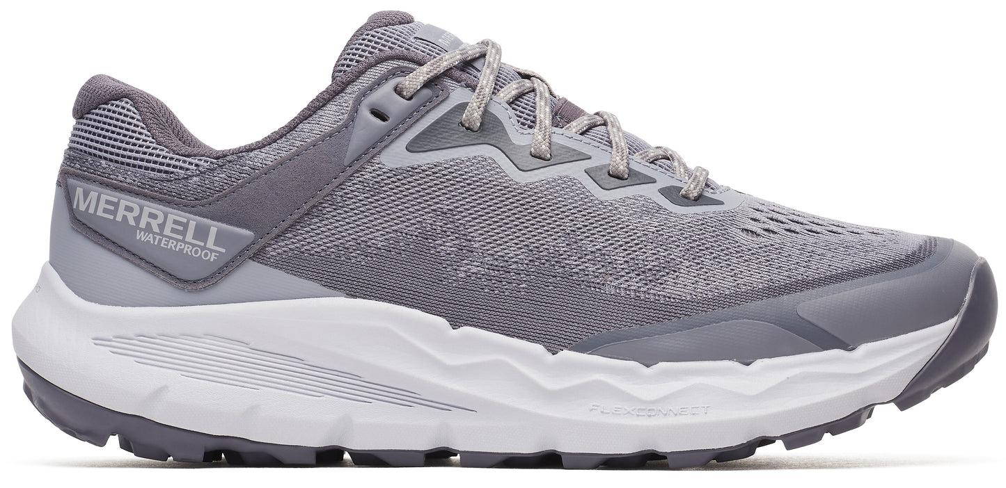 Gray running shoe with white sole, featuring visible 'MERRELL WATERPROOF' text.