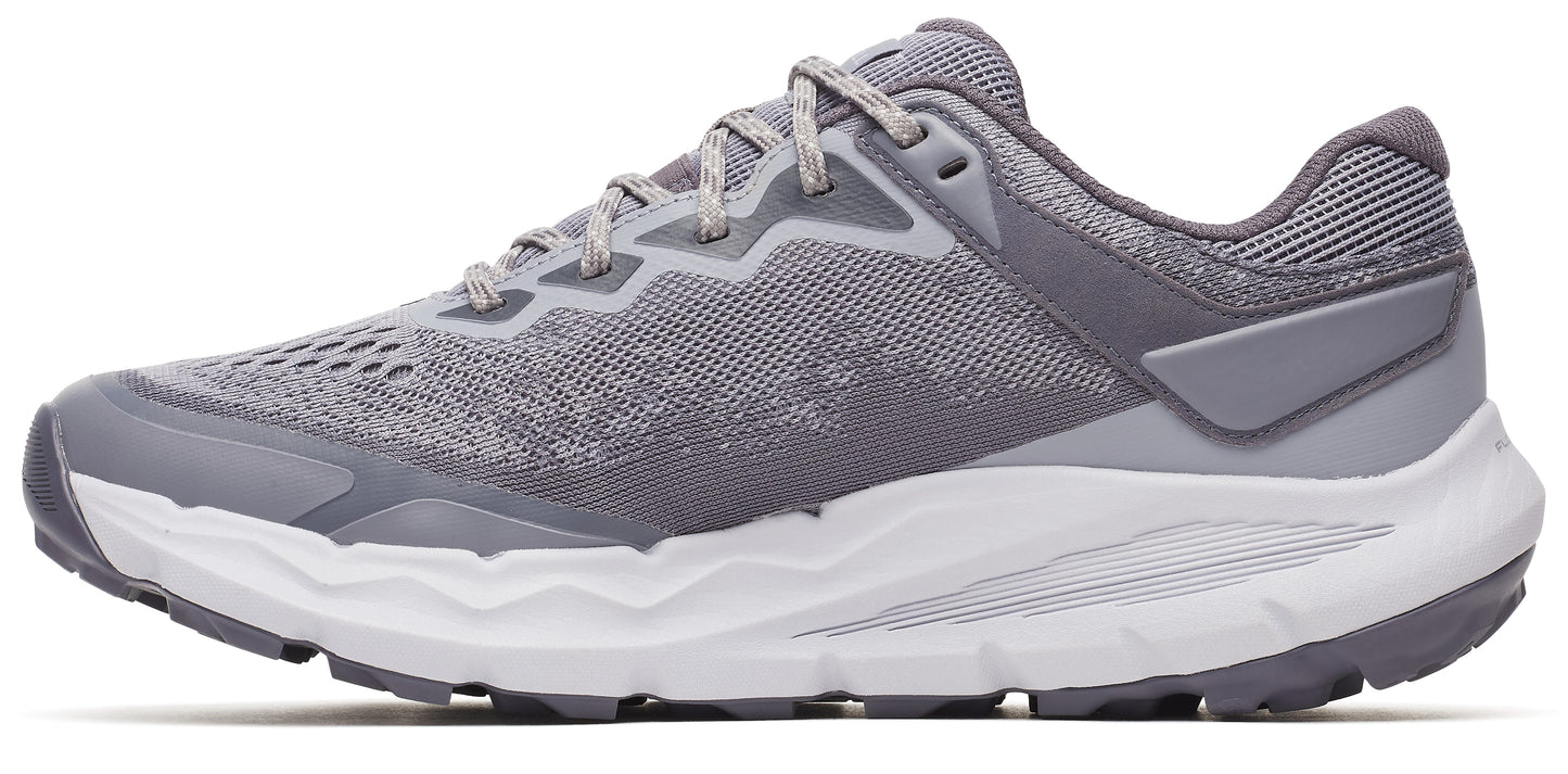 A gray athletic shoe with a white and gray sole.