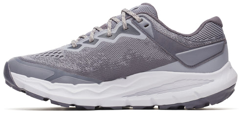 A gray athletic shoe with a white and gray sole.