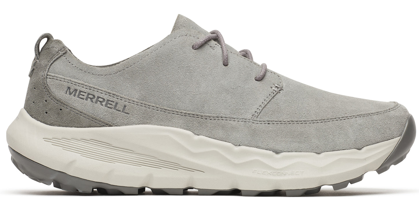 A gray low-top shoe with laces and a thick, white sole. "MERRELL" is written on the side.
