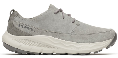 A gray low-top shoe with laces and a thick, white sole. "MERRELL" is written on the side.