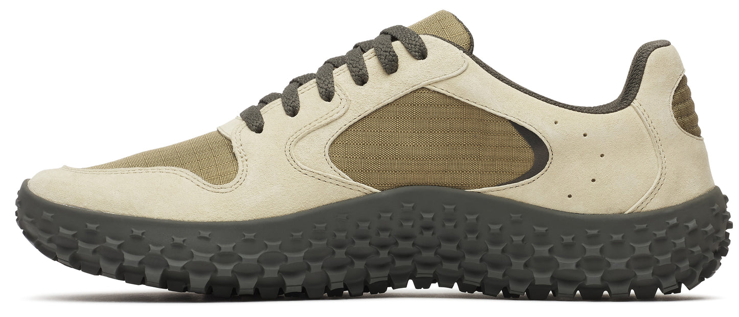 Beige and olive green sneaker with a textured sole.