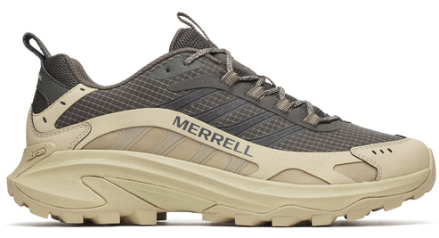 Low-top athletic shoe with a beige midsole and grey upper, featuring the text "MERRELL" on its side.