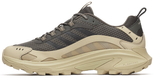 Grey and beige athletic shoe with a thick sole and black accents.