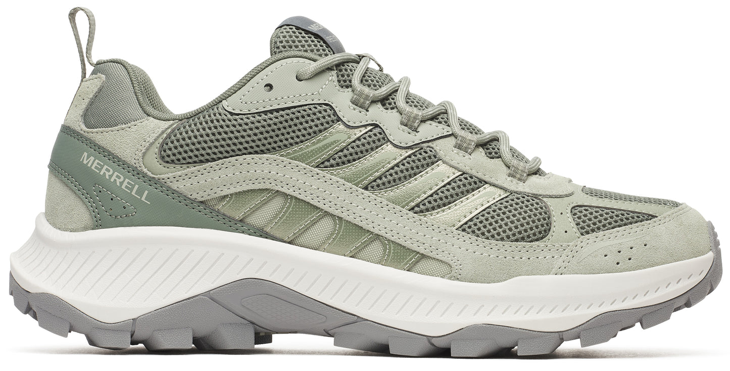 Low top athletic shoe in shades of green and gray with white midsole. "MERRELL" is printed on the side near the heel.