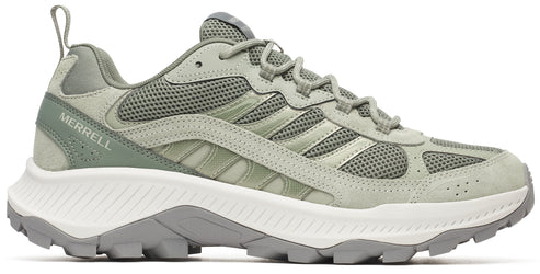Low top athletic shoe in shades of green and gray with white midsole. "MERRELL" is printed on the side near the heel.