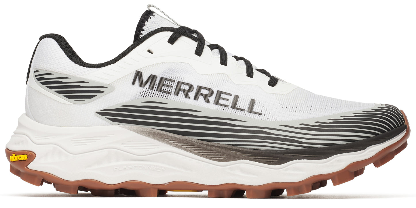 A running shoe in white with brown soles, and the word MERRELL on its side.