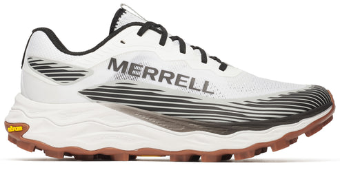 A running shoe in white with brown soles, and the word MERRELL on its side.