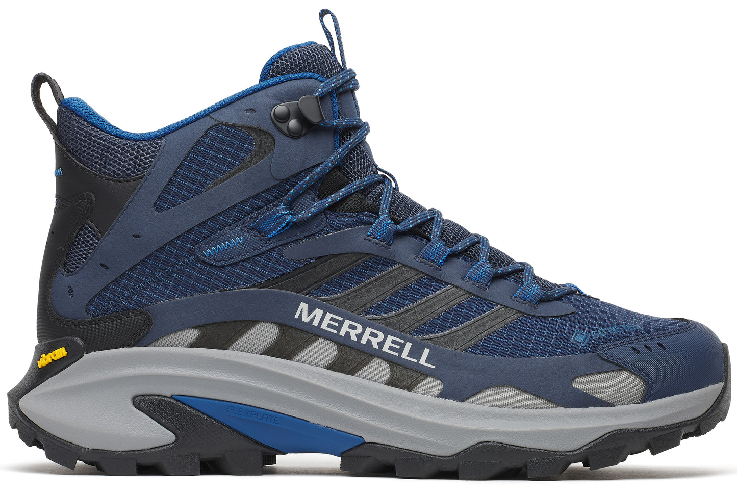 A blue and gray hiking boot with visible text "MERRELL".