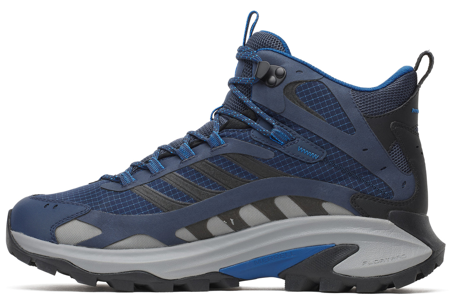 Mid-top hiking boot in shades of blue with dark stripes and light grey midsole.