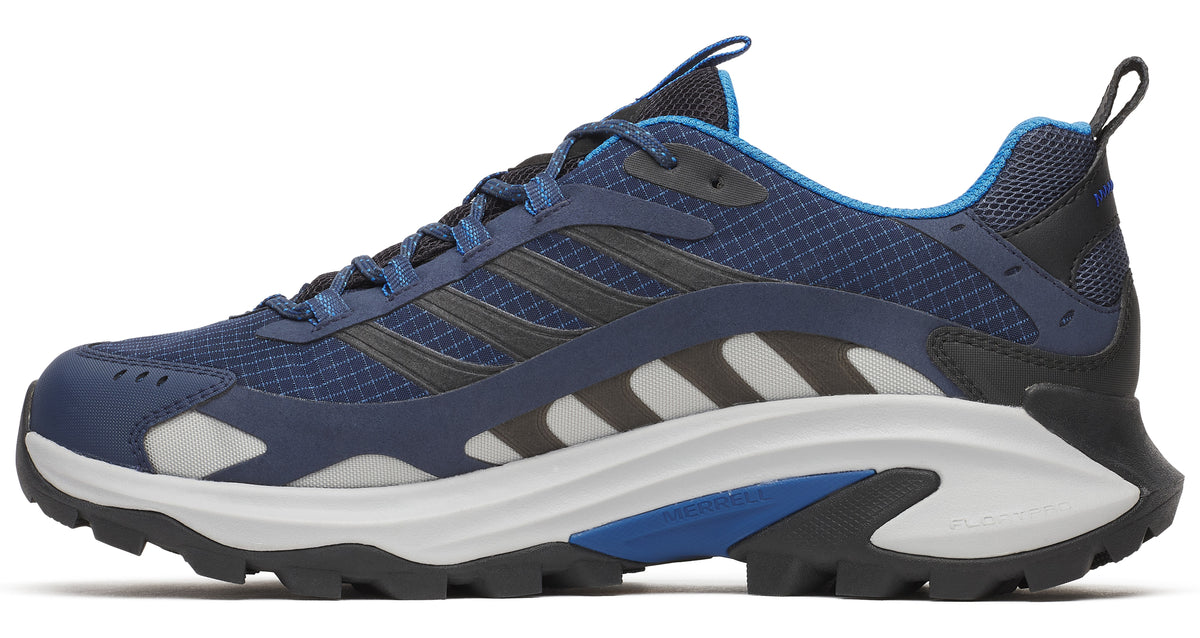 Navy blue athletic shoe with black stripes and a thick white sole.